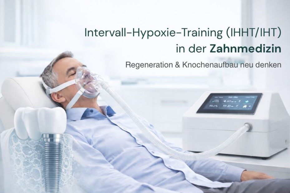 Patient in zahnmedizinischer Praxis während Intervall-Hypoxie-Training (IHHT/IHT) mit Atemmaske und angeschlossenem Gerät zur Unterstützung von Knochenheilung und Implantologie.