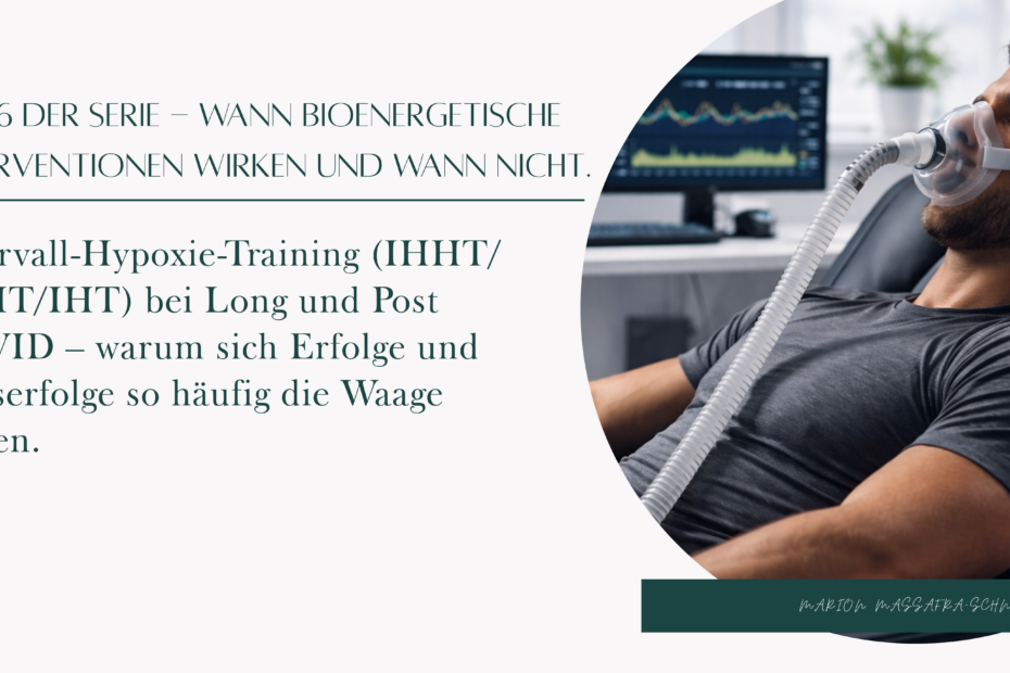 Mann während einer IHHT-Anwendung mit Atemmaske und Monitoring als Symbol für individuell dosierte Hypoxie bei Long und Post COVID Bildunterschrift: